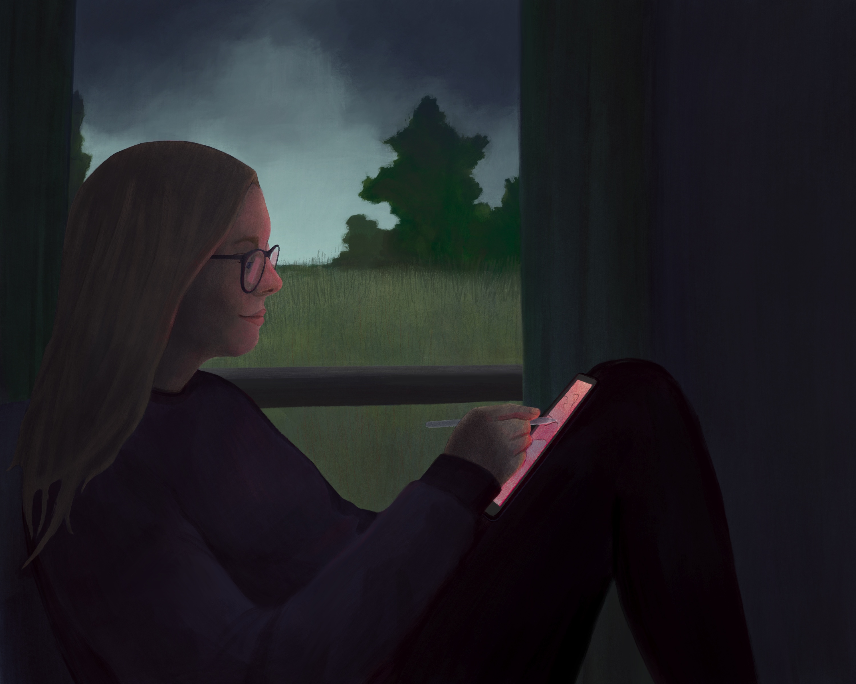 'Z', the interviewee, drawing on an iPad in her room while a thunderstorm forms outside